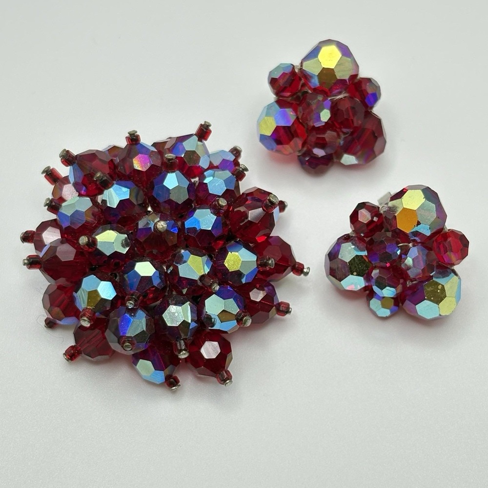 Vintage AB Glass Brooch and Earring Set Red Cranberry Glass Gorgeous!